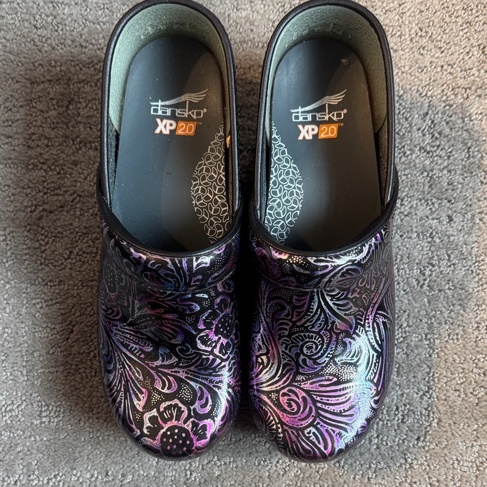 Dansko Women's Black and Purple Patterned Clogs